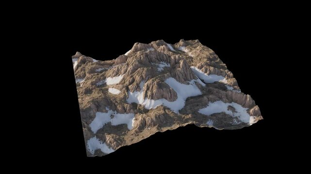 High-altitude terrain with gorges mountain peaks, and glaciers. Black background. Seamless loop. 3D rendering.