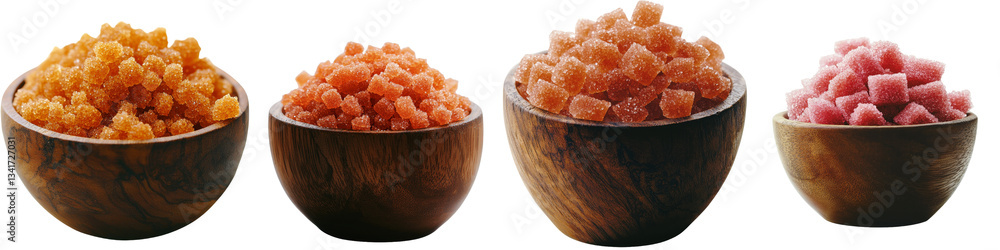 Poster generative ai has created an image of a wooden bowl filled with raw brown sugar crystals, isolated o