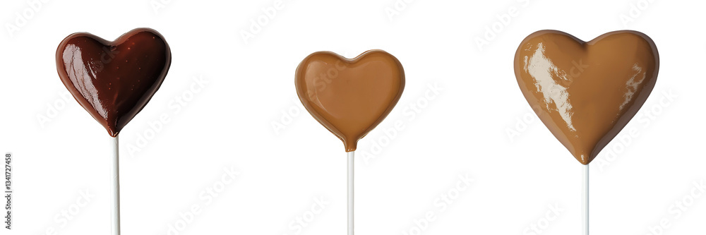 Poster isolated on a transparent background, a realistic heart-shaped chocolate lollipop with a glossy and 