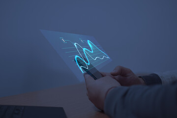 Mobile data analytics and financial forecasting. Person using a smartphone with a holographic graph, representing business intelligence, market trends, and real-time economic performance analysis.