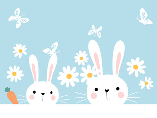 Bunny rabbit cartoons, daisy flower, carrot and butterflies on blue background vector.