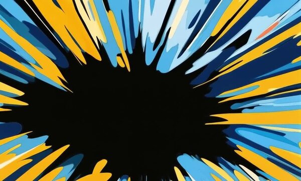 Dynamic burst of blue and yellow colors with black center, copy space