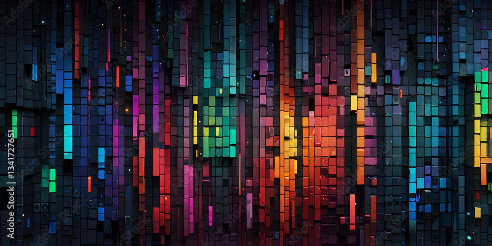 Poster vibrant digital spectrum: a captivating display of multicolored data streams cascade across a dark b