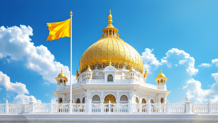 Obraz premium Golden Dome and Sikh Nishan Sahib Flag Against Blue Sky – Iconic Sikh Architecture and Religious Symbolism