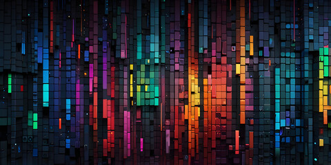 Vibrant Digital Spectrum: A captivating display of multicolored data streams cascade across a dark backdrop, showcasing a dynamic interplay of light and color.