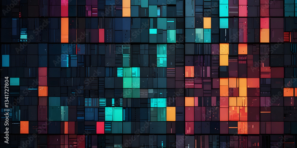 Poster data grid: a mesmerizing data grid composed of illuminated, multi-colored blocks, symbolizing the co