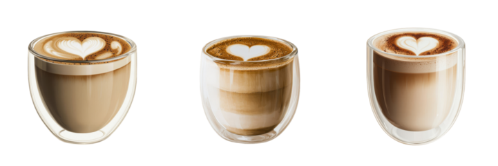 A heart-shaped latte art design tops a glass cup of hot chocolate, which is characterized by its creamy froth and rich cocoa texture, and is presented on a transparent background