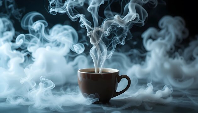 Frosted snowflakes fall gently around a steaming cup of coffee, frost, steam