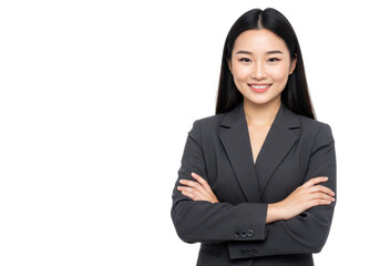 portrait of a business woman , beautiful Asian cute girl whit suit standing arms crossed isolated on White background
