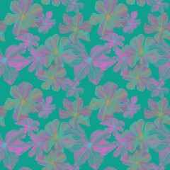 Watercolor drawn clematis plant in seamless pattern. Blue and neon pink flowers background. Design for fabric, surfaces, covers, textile, packaging, bed sheets. Pattern in modern floral theme.