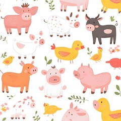Obraz premium A seamless pattern of cute farm animals like cows, pigs, and chickens in a cartoon style.