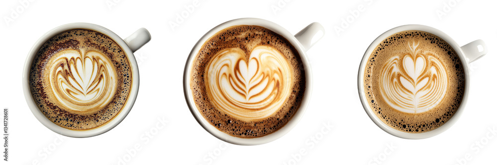 Poster a leaf-shaped design, created from foam, tops a latte in a white cup and saucer, viewed from directl