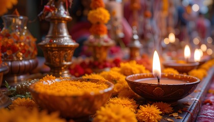 Oil lamps with marigold flowers decoration in Diwali festival