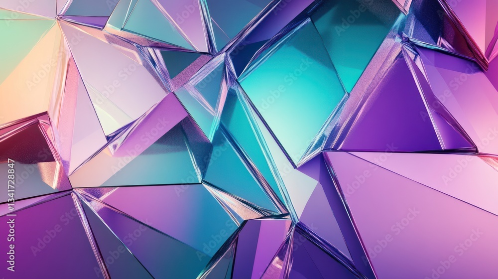 Poster an abstract geometric composition with fragmented, angular shapes and gradients of purple