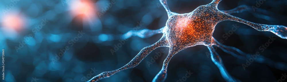 Poster microscopic view of a neuron with glowing connections against a blue background, illustrating neural