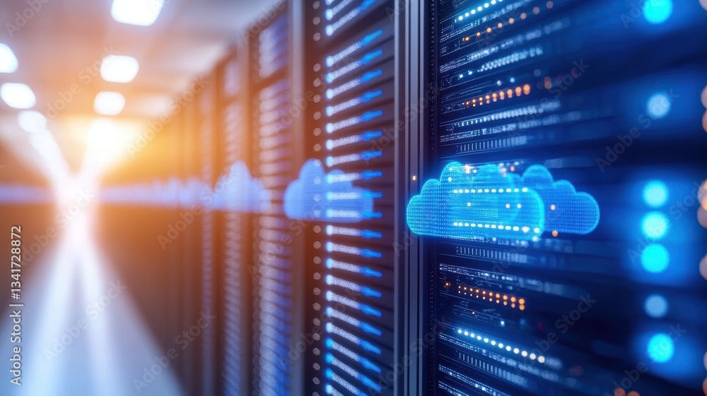 Poster futuristic data center with glowing server racks and cloud icons, symbolizing cloud computing and di