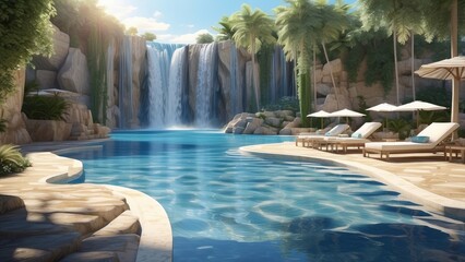 A tranquil pool scene featuring a gentle waterfall cascading into clear blue water.