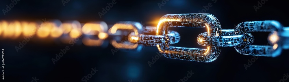Poster a glowing chain with digital elements, symbolizing connection and security in a modern context.