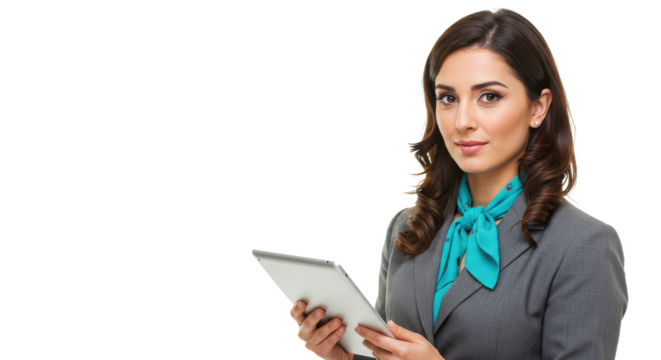 Young indian or arabic woman in business holding digital computer, looking at camera. Portrait of middle eastern Israel businesswoman using tablet isolated on White background