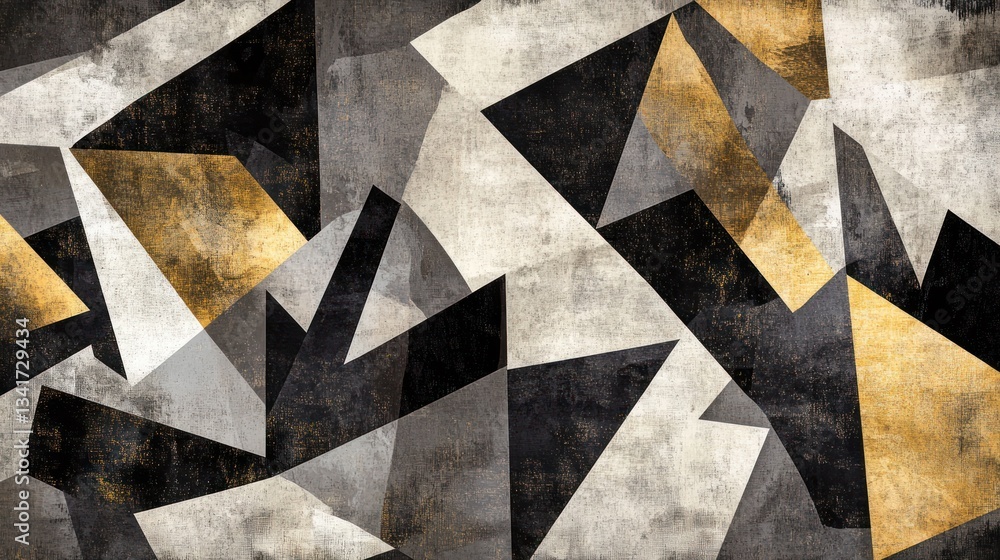 Poster an asymmetrical abstract design using large, scattered geometric forms in various shades of black