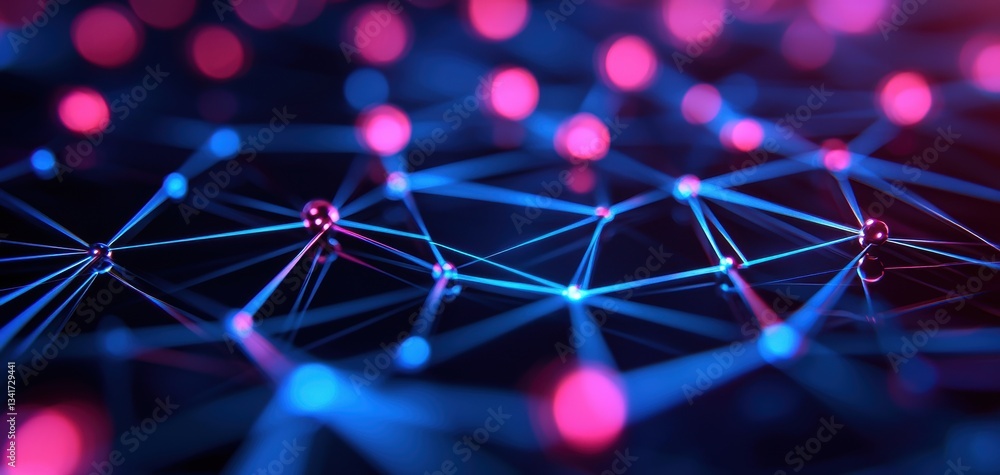 Poster abstract digital network with vibrant blue and pink nodes interconnected by lines, representing tech