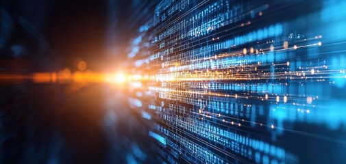 Abstract digital design featuring light streaks and data patterns, creating a sense of speed and technology.