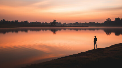 Fototapeta premium Standing quietly at the edge of a serene lake during sunset reflection