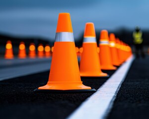 A row of bright orange traffic cones beside a road at dusk, signaling construction work ahead.
