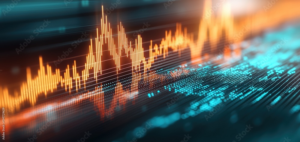 Poster abstract digital visualization of data trends with vibrant colors and dynamic movement, representing