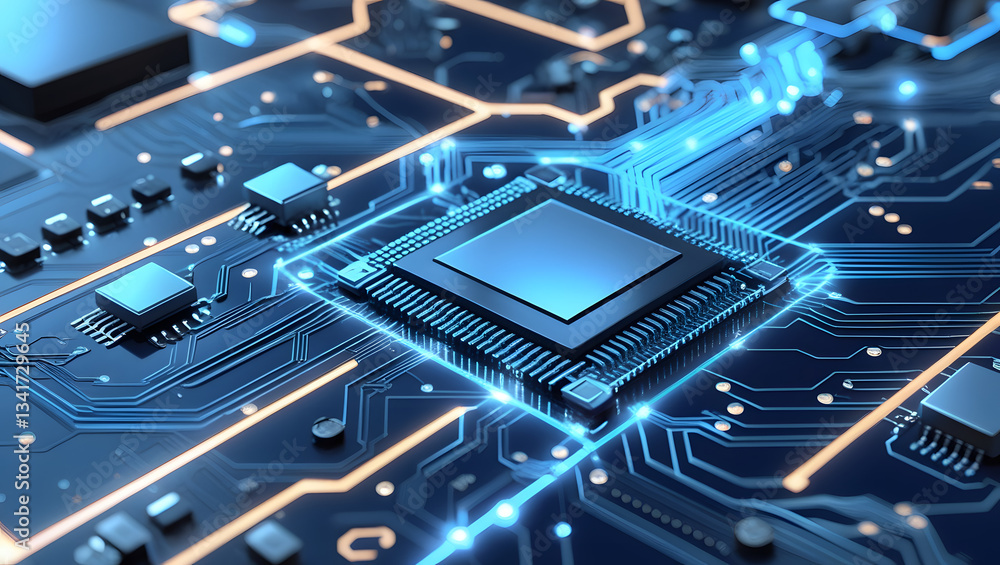 Poster digital pathways: a close-up, high-tech view of a computer processor and circuit board bathed in coo