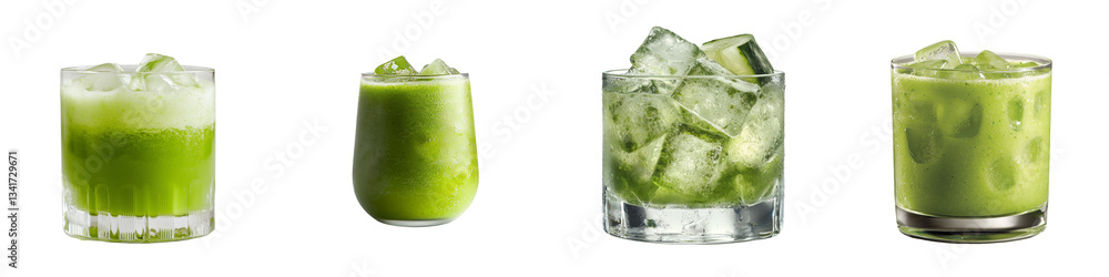 Aufkleber a refreshing glass of green juice, complete with ice cubes and condensation, is presented in a reali