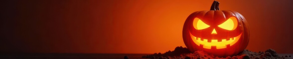Glowing jack-o'-lantern, menacing grin, eerie orange backdrop,  orange,  sinister,  scary