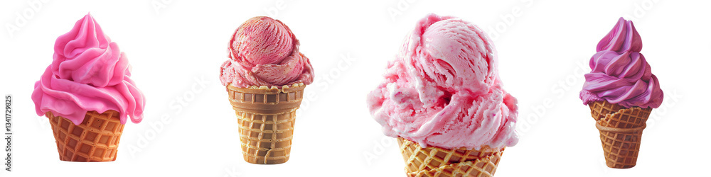 Poster a crispy waffle cone holds a single, realistic scoop of pink ice cream with intricate melting detail