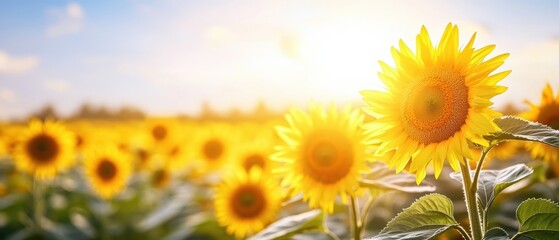 Obraz premium A vibrant field of sunflowers basking in sunlight, showcasing their bright yellow petals against a clear blue sky.