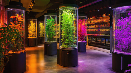 Futuristic biotechnology exhibition showcasing gene editing innovations in healthcare bioinformatics and genomics