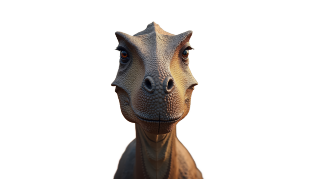 Dinosaur with detailed features showing friendly expression against plain background