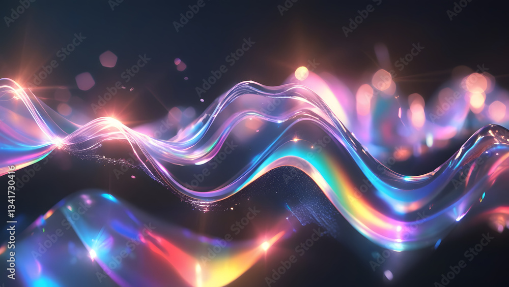 Poster abstract wave of light: an ethereal wave of iridescent light dances across a dark backdrop, shimmeri
