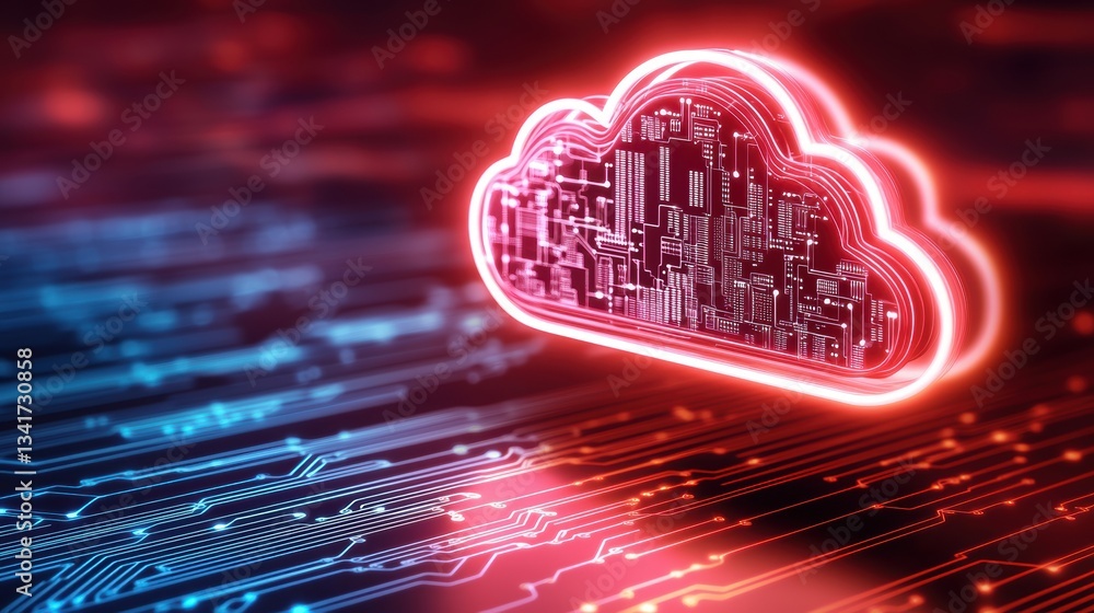 Aufkleber digital cloud symbol with circuitry design glowing in red and blue hues, representing technology and