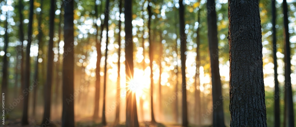 Poster sunlight filters through a misty forest, creating a serene and enchanting atmosphere with tall trees