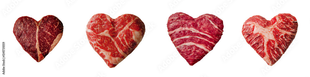 Poster a heart-shaped piece of raw meat with a marbled texture, characterized by intricate white fat patter