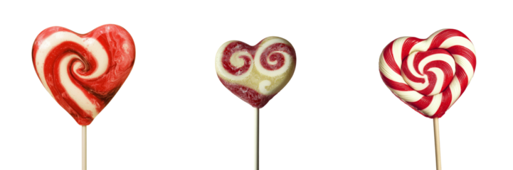 A heart-shaped lollipop, colored red with swirling white patterns and attached to a wooden stick, stands out against a transparent background
