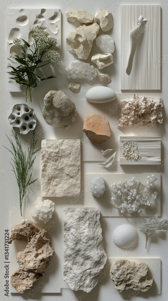 Poster exploring textures and patterns in a monochromatic arrangement of natural materials and artistic ele
