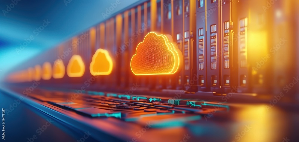 Aufkleber digital representation of cloud computing with illuminated cloud icons over a data storage unit, sym
