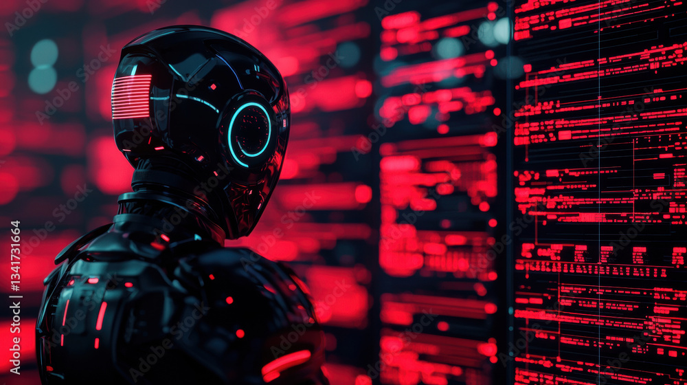 Poster futuristic robot observing data high tech environment, showcasing advanced technology and design
