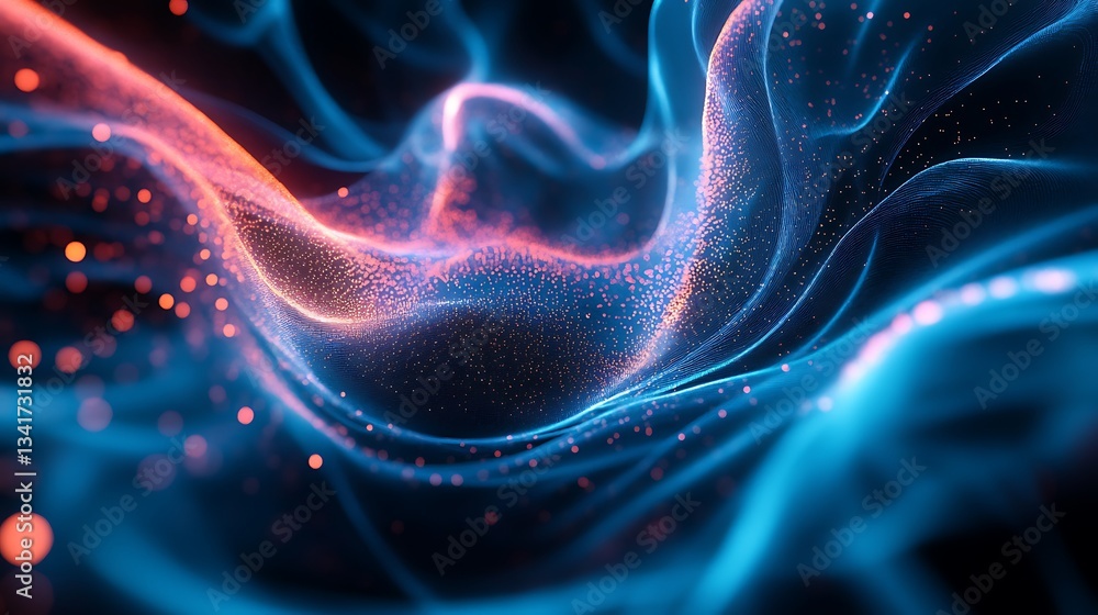 Poster abstract glowing particle waves flowing with dynamic blue and orange hues