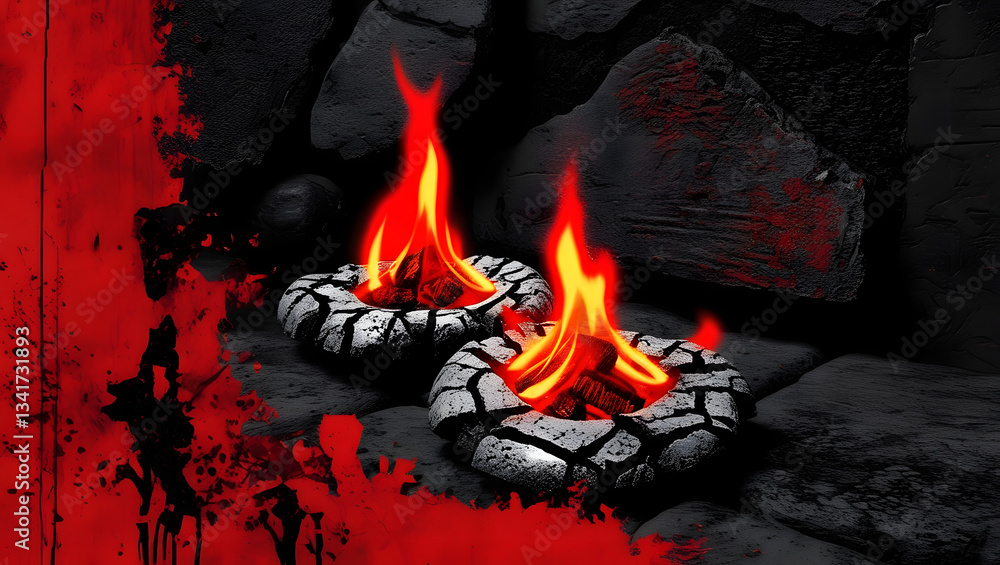 Poster fiery embrace: two stylized bonfires dance amidst the backdrop of stone structures, painted with dee