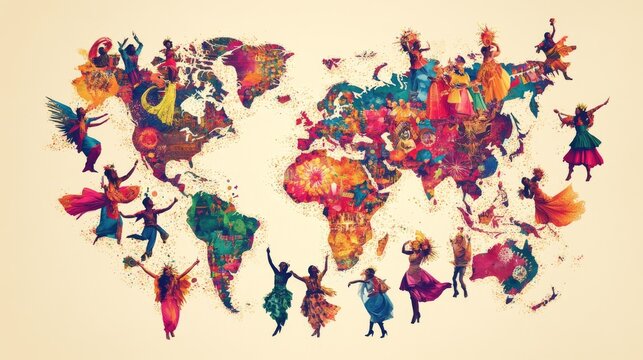 Colorful World Map Filled with Dancing Silhouettes Representing Cultural Diversity and Celebration
