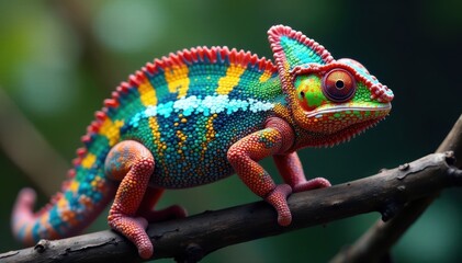 Obraz premium Colorful foliage wraps vibrant chameleon in natural camouflage, animals, nature