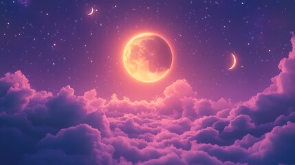 Pink Moon Glowing above Clouds at Night