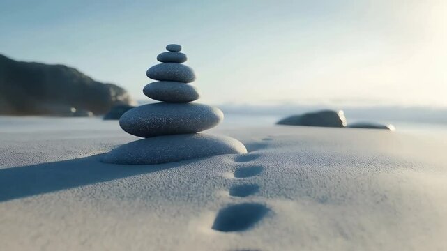 Stacked stones on serene beach representing tranquility and meditation, copy space